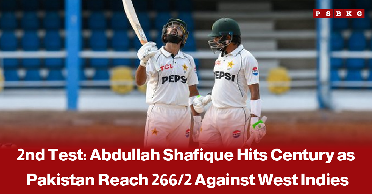 Pakistan batter Abdullah Shafique celebrates after scoring a century during the second Test against the West Indies, accompanied by a news-style headline highlighting his impressive hundred.