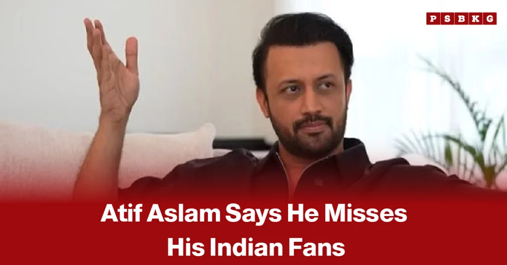 Pakistani singer Atif Aslam performing on stage, accompanied by a news-style headline about him saying that he misses his Indian fans.