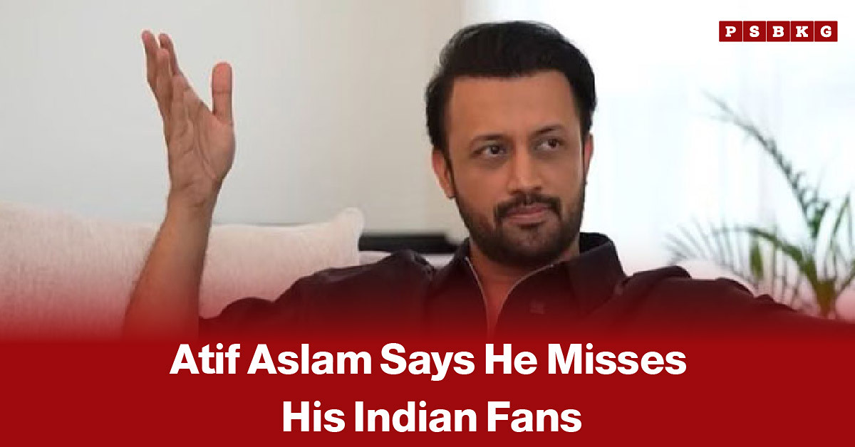 Pakistani singer Atif Aslam performing on stage, accompanied by a news-style headline about him saying that he misses his Indian fans.