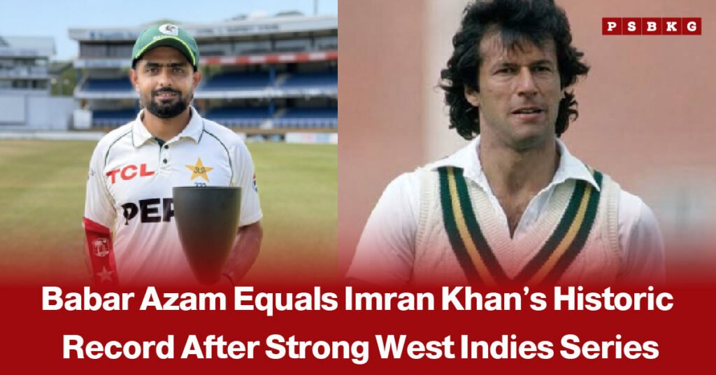 Pakistan batter Babar Azam celebrates during a cricket match, accompanied by a news-style headline announcing that he has equalled Imran Khan’s historic record following an impressive performance against the West Indies.