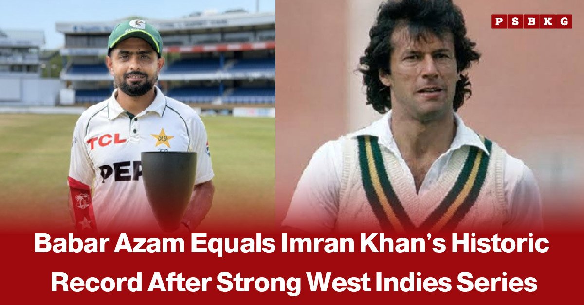 Pakistan batter Babar Azam celebrates during a cricket match, accompanied by a news-style headline announcing that he has equalled Imran Khan’s historic record following an impressive performance against the West Indies.
