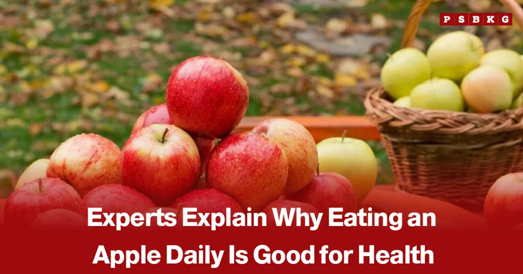 Fresh red and green apples arranged on a table, accompanied by a news-style headline highlighting the health benefits of eating an apple every day.