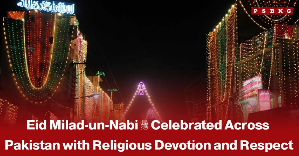 Mosques, streets, and buildings illuminated with green lights and decorated for Eid Milad-un-Nabi celebrations across Pakistan, accompanied by a news-style headline about nationwide celebrations.