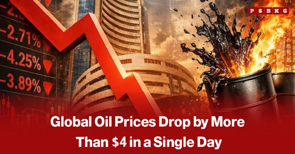 Oil barrels and pumpjacks with a downward price chart in the background, accompanied by a news-style headline reporting a sharp decline in global oil prices.