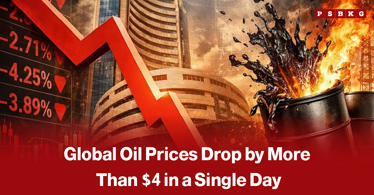 Oil barrels and pumpjacks with a downward price chart in the background, accompanied by a news-style headline reporting a sharp decline in global oil prices.