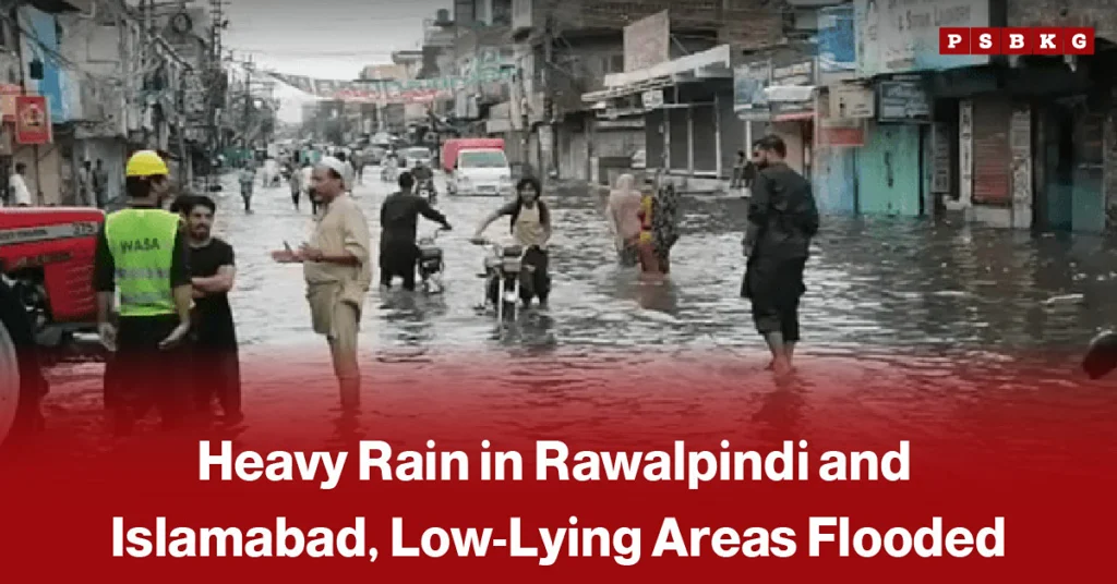 Heavy rain in Rawalpindi and Islamabad causing waterlogging on roads, with vehicles moving through rainwater, accompanied by a news-style headline about severe rainfall in the twin cities.