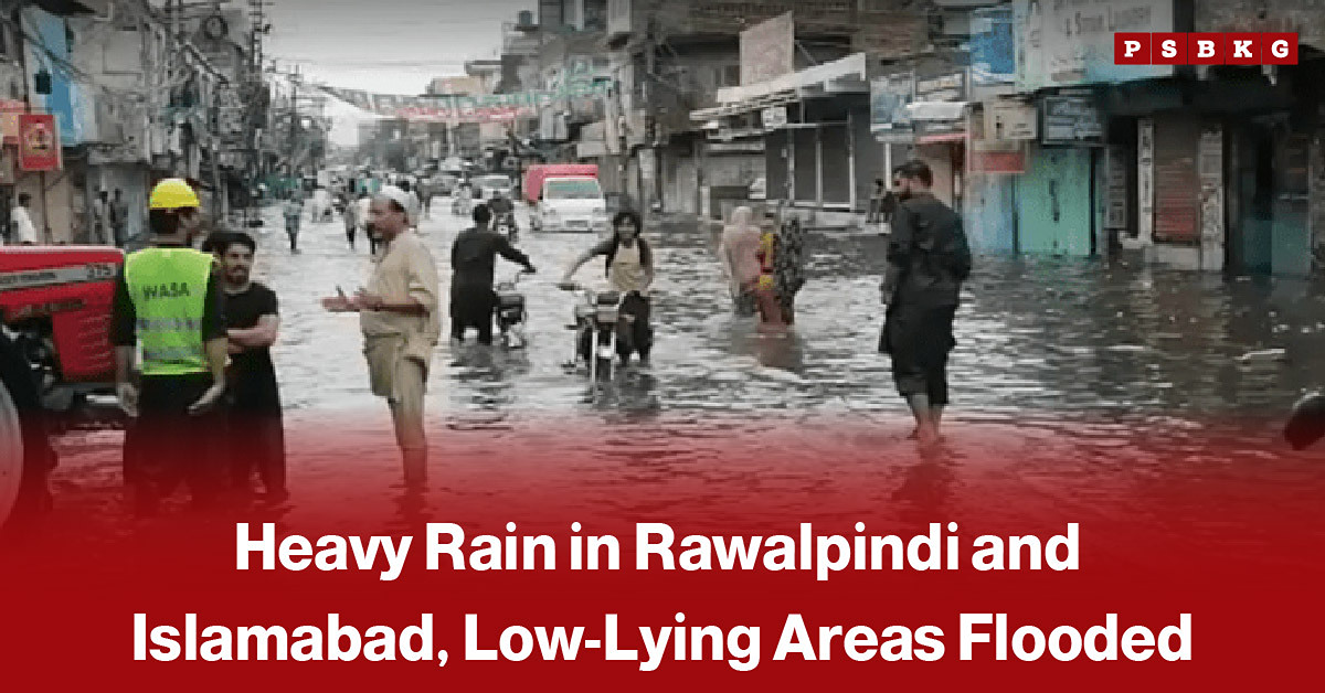 Heavy rain in Rawalpindi and Islamabad causing waterlogging on roads, with vehicles moving through rainwater, accompanied by a news-style headline about severe rainfall in the twin cities.