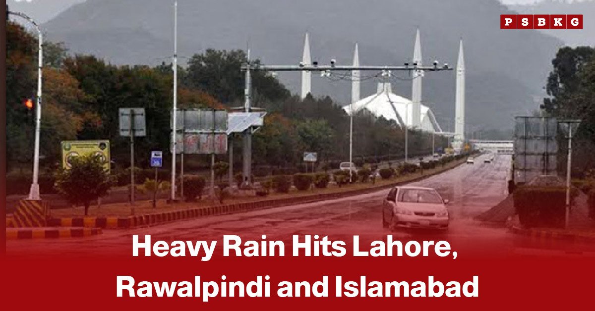 Heavy rain falls on roads in Lahore, Rawalpindi, and Islamabad as vehicles move through waterlogged streets, accompanied by a news-style headline about widespread rainfall across the three cities.