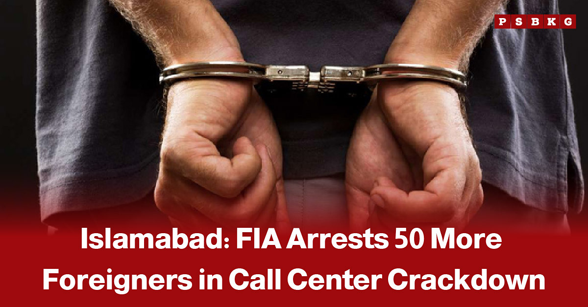 Law enforcement officials raiding an illegal call center in Islamabad, accompanied by a news-style headline about the ongoing crackdown on scam and illegal call center operations.