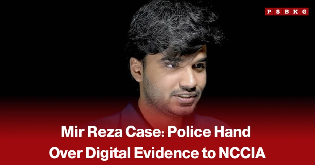 Digital forensic evidence including a smartwatch and electronic devices, accompanied by a news-style headline reporting that police handed over all digital evidence from the Mir Reza case to the NCCIA.