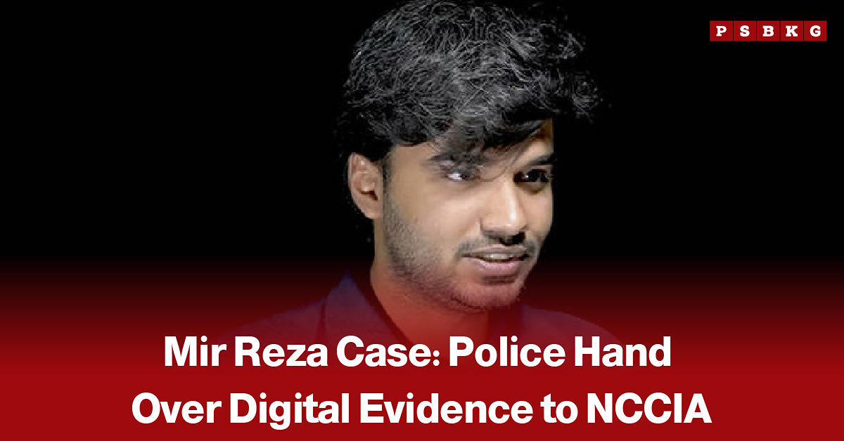 Digital forensic evidence including a smartwatch and electronic devices, accompanied by a news-style headline reporting that police handed over all digital evidence from the Mir Reza case to the NCCIA.