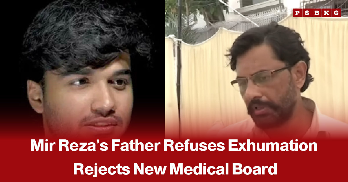 Mir Reza’s father speaking to reporters, accompanied by a news-style headline reporting that he has refused to allow his son’s exhumation and rejected changes to the medical board.