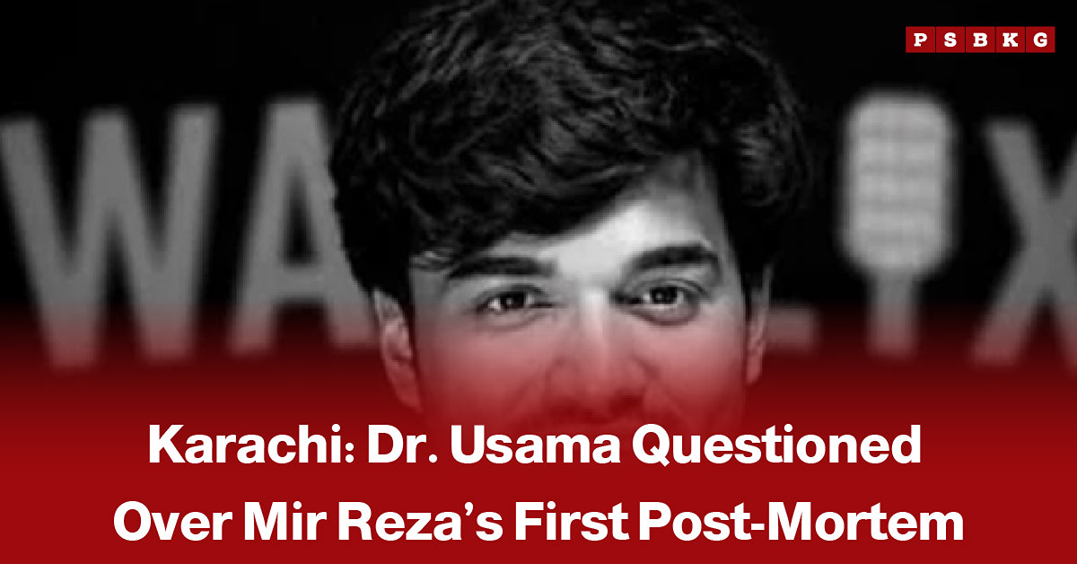 Medical examiner Dr. Usama speaking to investigators, accompanied by a news-style headline about the first post-mortem examination conducted on Mir Reza and the ongoing investigation.