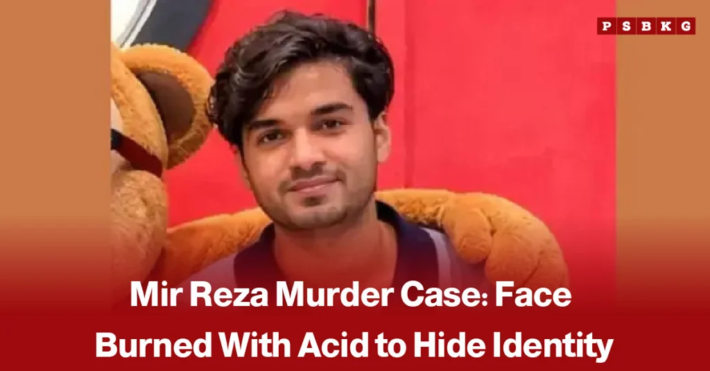 Crime scene and investigation visuals related to the Mir Reza murder case, accompanied by a news-style headline about the ongoing investigation and efforts to establish his identity.