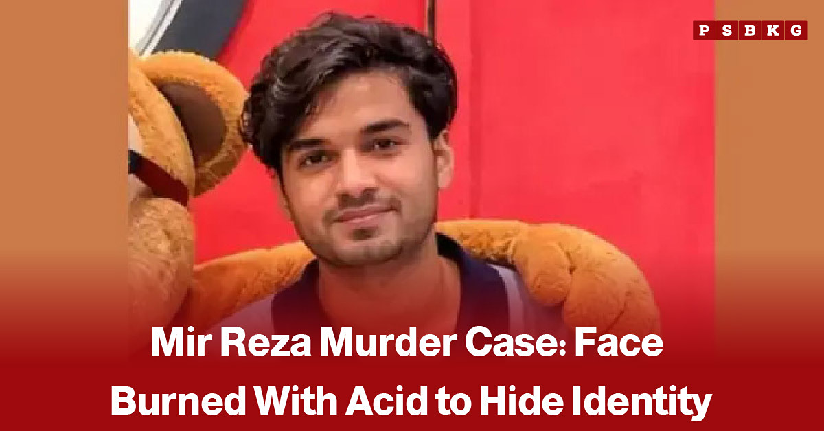 Crime scene and investigation visuals related to the Mir Reza murder case, accompanied by a news-style headline about the ongoing investigation and efforts to establish his identity.