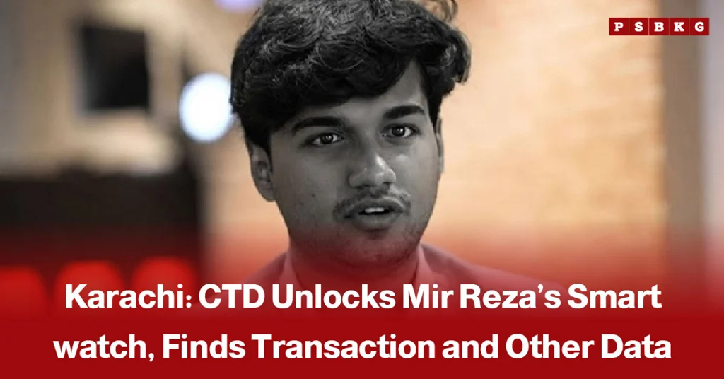 Smartwatch displayed alongside digital forensic analysis graphics, accompanied by a news-style headline reporting that investigators unlocked Mir Reza’s smartwatch and recovered transaction records and other data.