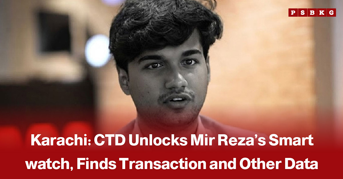 Smartwatch displayed alongside digital forensic analysis graphics, accompanied by a news-style headline reporting that investigators unlocked Mir Reza’s smartwatch and recovered transaction records and other data.
