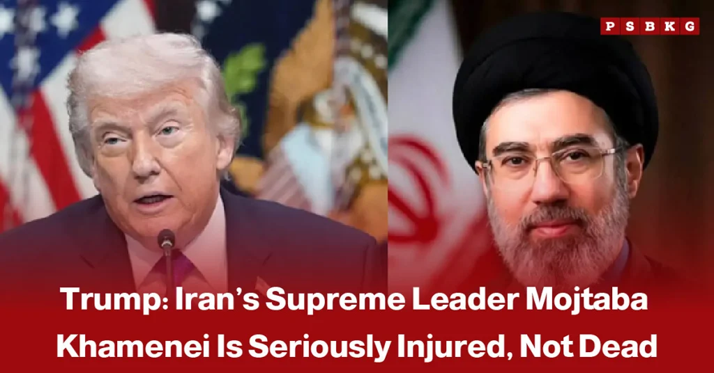 Iranian Supreme Leader Mojtaba Khamenei shown in a news graphic, accompanied by a headline reporting that U.S. President Donald Trump said Khamenei is alive but seriously injured.