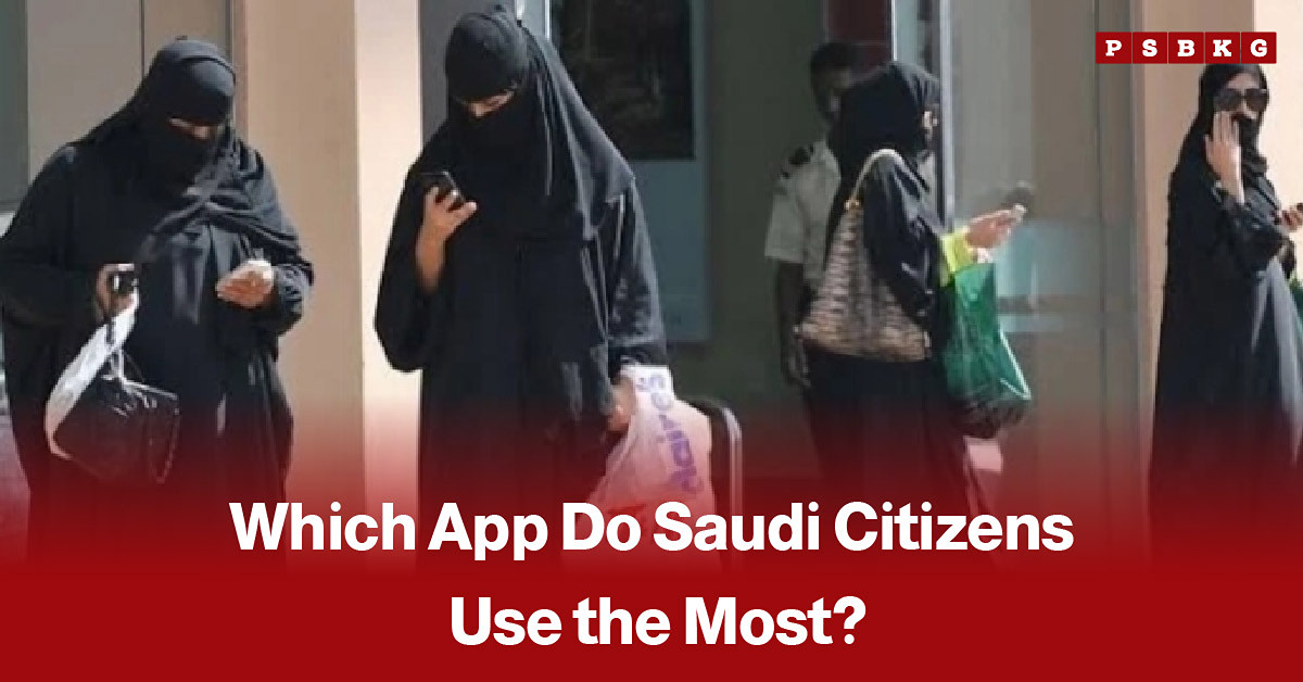 Smartphone displaying WhatsApp alongside the Saudi Arabian flag, accompanied by a news-style headline reporting that WhatsApp is the most-used app in Saudi Arabia.