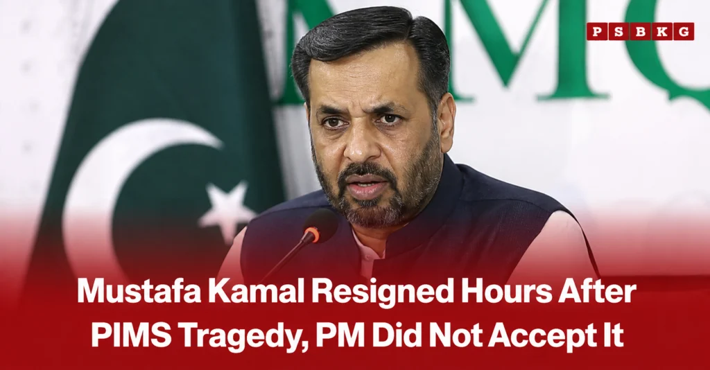 Federal Health Minister Mustafa Kamal speaking at a press conference, accompanied by a news-style headline reporting that he submitted his resignation following the PIMS tragedy, but Prime Minister Shehbaz Sharif did not accept it.