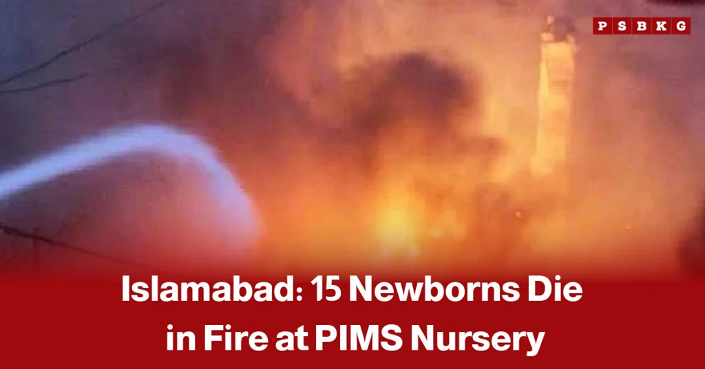 Rescue workers and firefighters at the Pakistan Institute of Medical Sciences (PIMS) in Islamabad following a deadly nursery fire that killed newborn babies, with smoke and damage visible at the hospital.