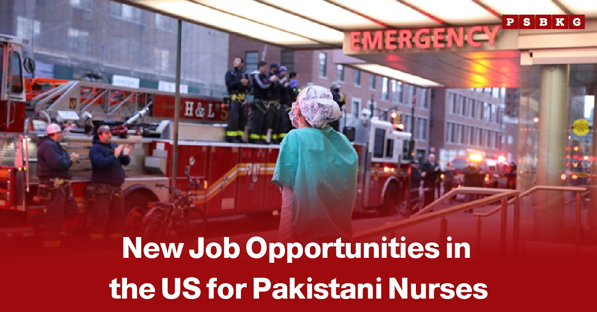 Pakistani nurses in professional hospital attire, accompanied by a news-style headline about new job opportunities in the United States for Pakistani nurses.