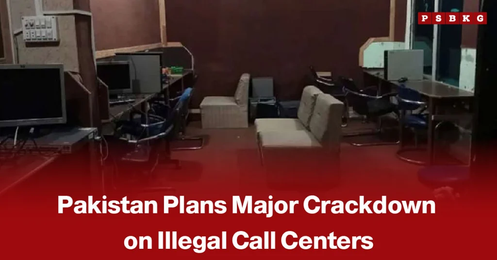 Pakistani law enforcement officials conducting an operation against illegal call centers, accompanied by a news-style headline about a nationwide crackdown on unlawful call center operations.