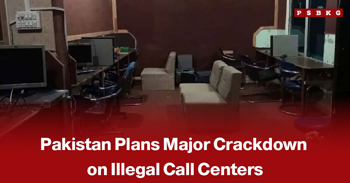 Pakistani law enforcement officials conducting an operation against illegal call centers, accompanied by a news-style headline about a nationwide crackdown on unlawful call center operations.