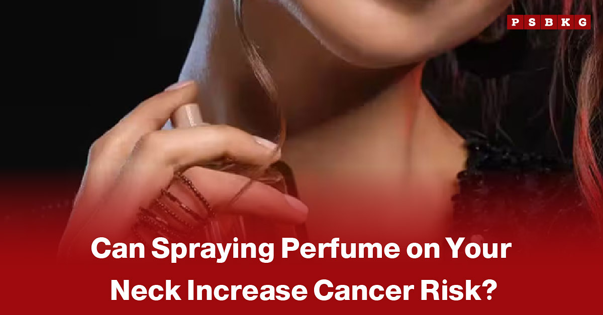 Person applying perfume to the neck, accompanied by a news-style headline examining whether spraying perfume on the neck could increase cancer risk.