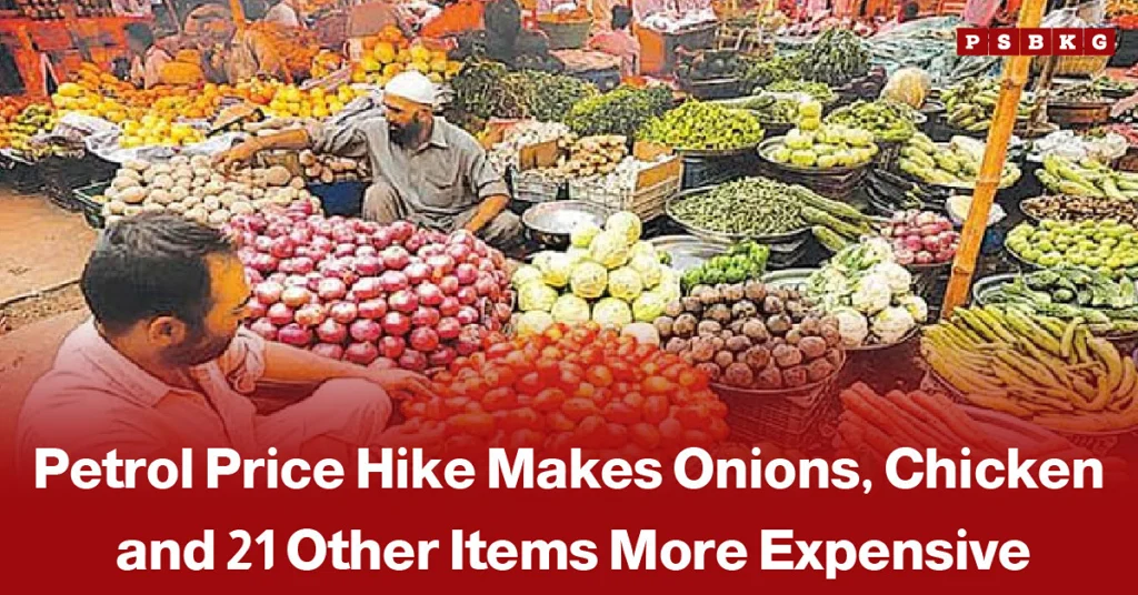 Petrol pump and grocery items such as onions and chicken, accompanied by a news-style headline about rising food prices following a petrol price hike in Pakistan.
