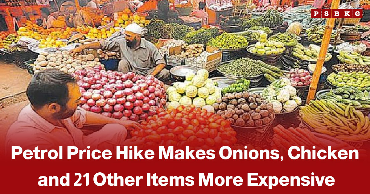 Petrol pump and grocery items such as onions and chicken, accompanied by a news-style headline about rising food prices following a petrol price hike in Pakistan.
