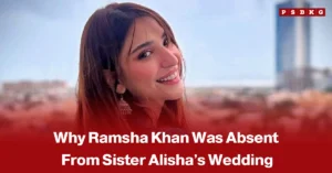 Pakistani actress Ramsha Khan’s sister Alysha celebrating her wedding with family and friends, accompanied by a news-style headline about Ramsha Khan’s absence from the wedding photos and videos.