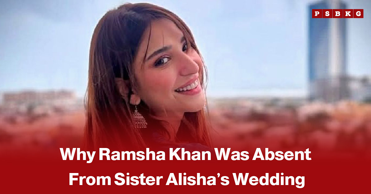 Pakistani actress Ramsha Khan’s sister Alysha celebrating her wedding with family and friends, accompanied by a news-style headline about Ramsha Khan’s absence from the wedding photos and videos.