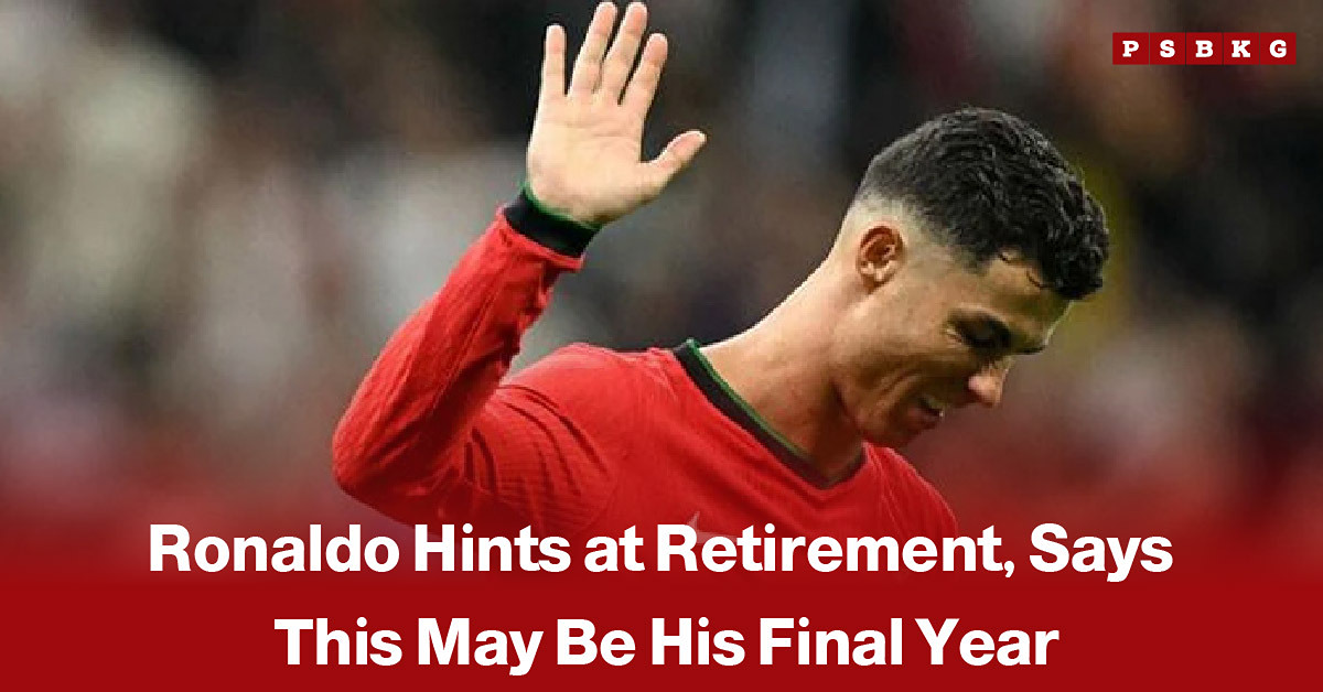 Cristiano Ronaldo on the football field, accompanied by a news-style headline about his retirement hint after suggesting that the current season could be his final year.