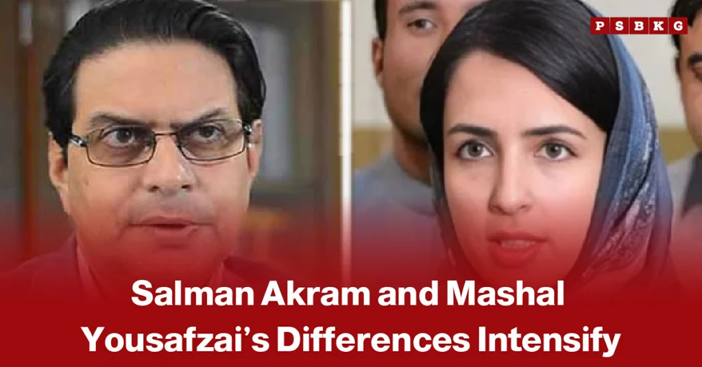 Salman Akram Raja and Mashal Yousafzai featured together in a news graphic, accompanied by a headline about growing differences between the two.