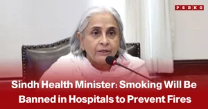 Hospital staff and smoking prohibition signs in Sindh, accompanied by a news-style headline about the Sindh Health Minister announcing a complete ban on smoking inside hospital premises to help prevent fires.