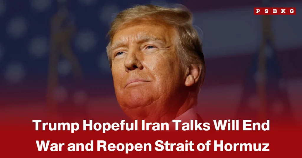 Donald Trump speaking at a press conference alongside U.S. and Iranian flags, accompanied by a news-style headline about hopes for talks between the United States and Iran to end the conflict.