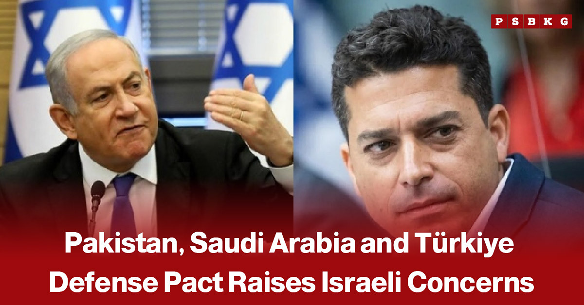 Pakistan, Saudi Arabia, and Türkiye flags displayed alongside military and defense imagery, accompanied by a news-style headline about a new trilateral defense pact between the three countries.
