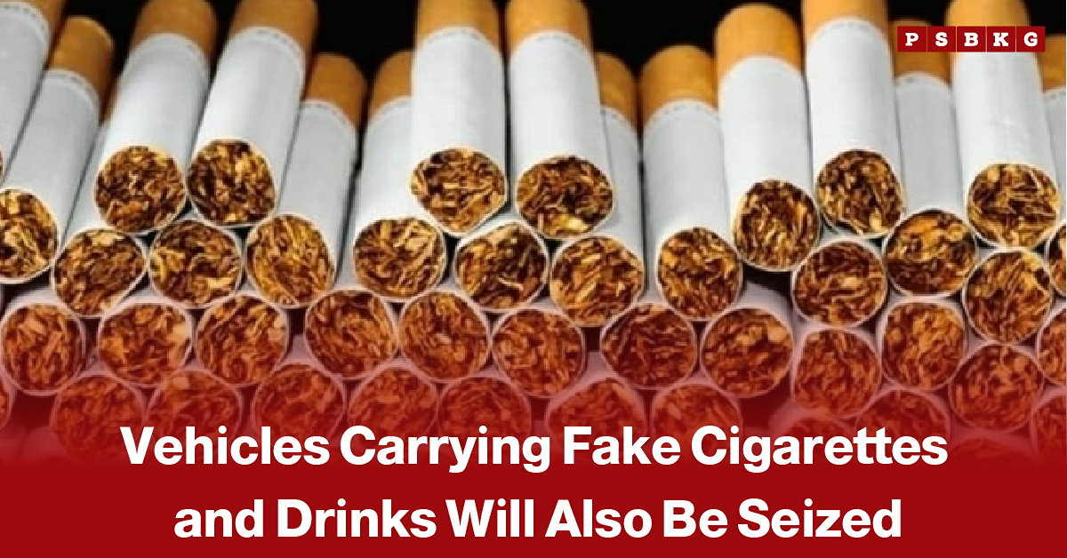 Enforcement officials inspecting a vehicle loaded with counterfeit cigarettes, accompanied by a news-style headline about authorities seizing vehicles carrying fake cigarettes during an anti-smuggling operation.