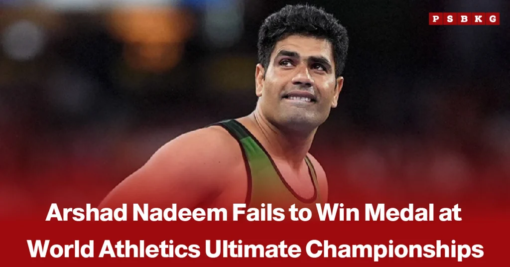 Pakistani javelin thrower Arshad Nadeem competing at the World Athletics Ultimate Championship in Budapest, accompanied by a news-style headline reporting his fifth-place finish.