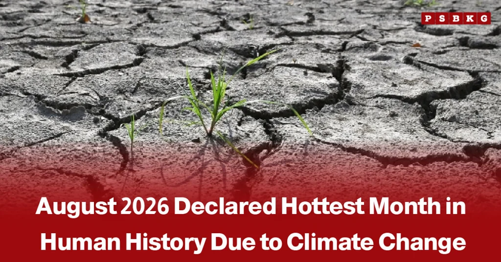 Earth viewed from space with heatwave and temperature imagery, accompanied by a news-style headline reporting that August 2026 was the hottest month in recorded history.