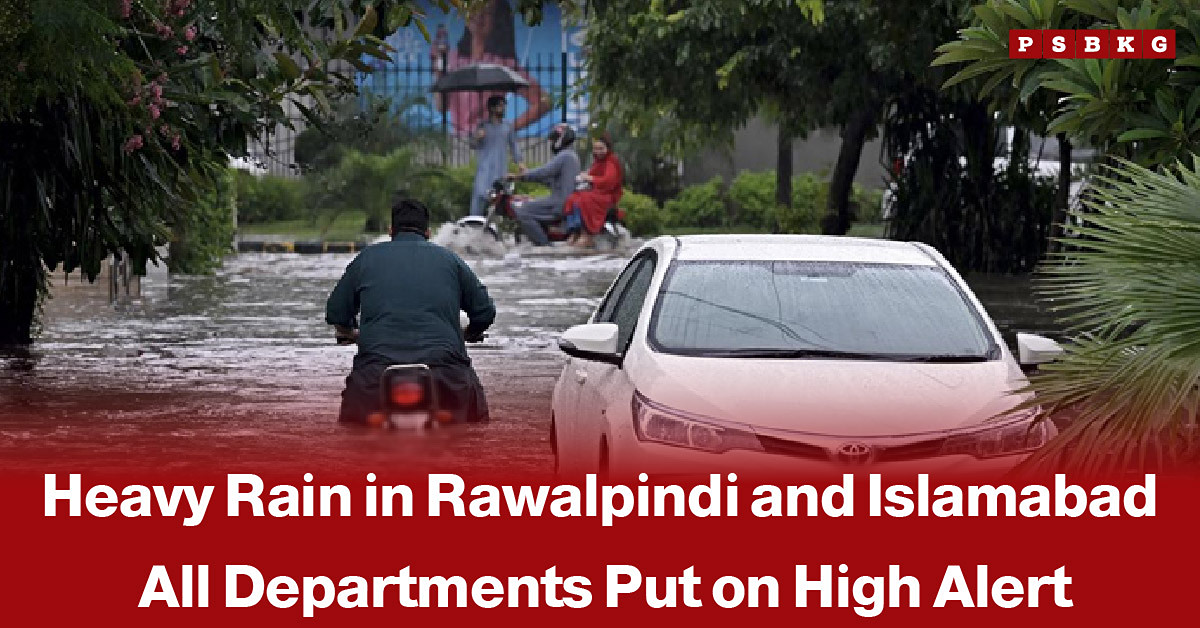 Heavy rain in Rawalpindi and Islamabad causing flooded roads, waterlogged streets, and overflowing drains, accompanied by a news-style headline about severe rainfall affecting the twin cities.