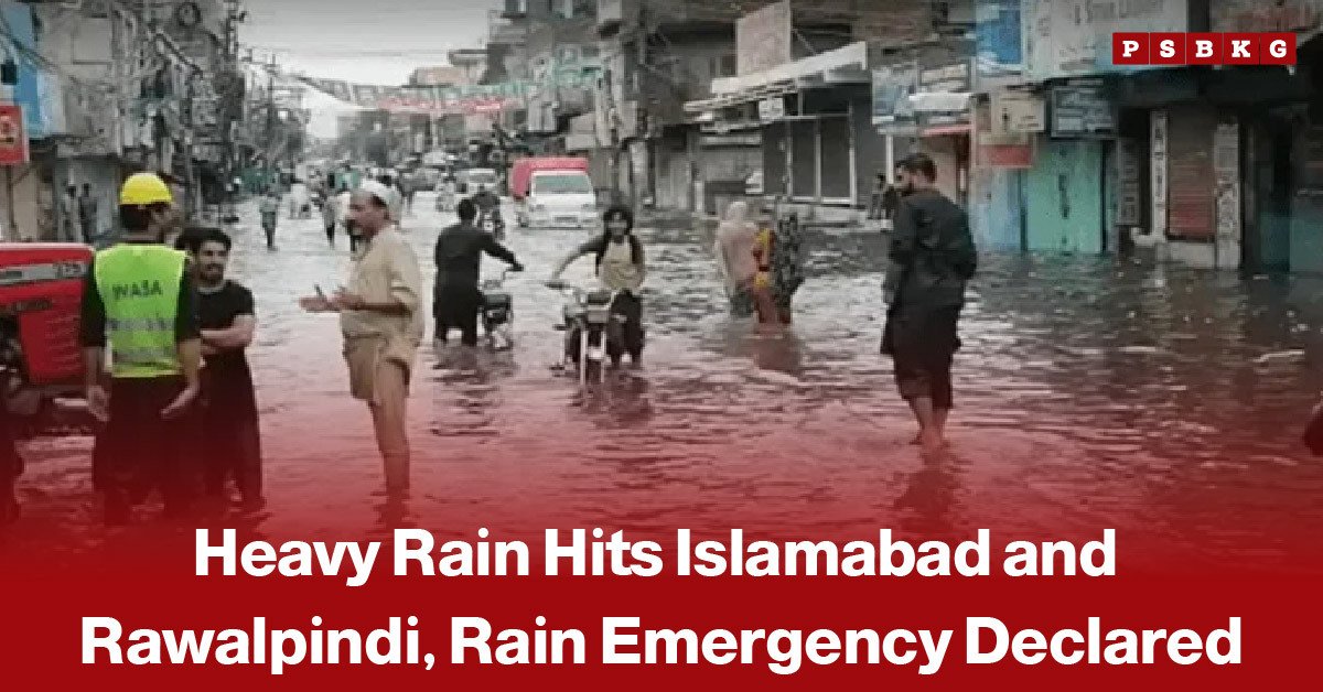 Islamabad Rawalpindi heavy rain floods streets as people wade through rainwater during a rain emergency.