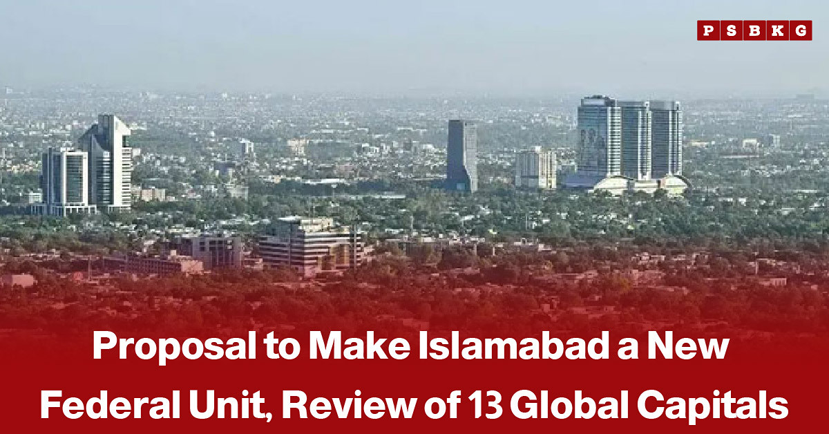 Islamabad cityscape and government buildings, accompanied by a news-style headline about a proposal to establish Islamabad as an autonomous federal unit with an elected 27-member assembly.