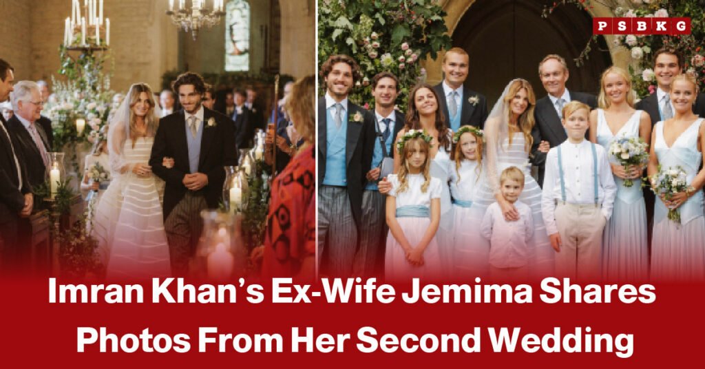 Jemima Goldsmith with her new husband Cameron O’Reilly at their wedding, accompanied by a news-style headline about her second marriage 22 years after her divorce from Imran Khan.
