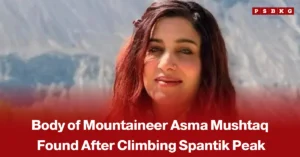 Pakistani mountaineer Dr Asma Mushtaq pictured during a mountain expedition, accompanied by a news-style headline about the recovery of her body from Spantik Peak in Gilgit-Baltistan after a difficult high-altitude rescue operation.