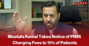 Health Minister Mustafa Kamal visiting PIMS in Islamabad, accompanied by a news-style headline about his notice of fees being charged to 10% of patients at the hospital.