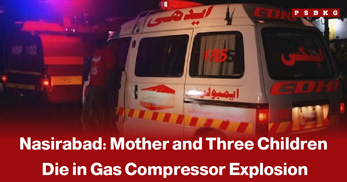 Rescue workers and emergency teams at a house in Nasirabad following an air-conditioner compressor explosion, accompanied by a news-style headline about a mother and three children who died in the tragic incident.