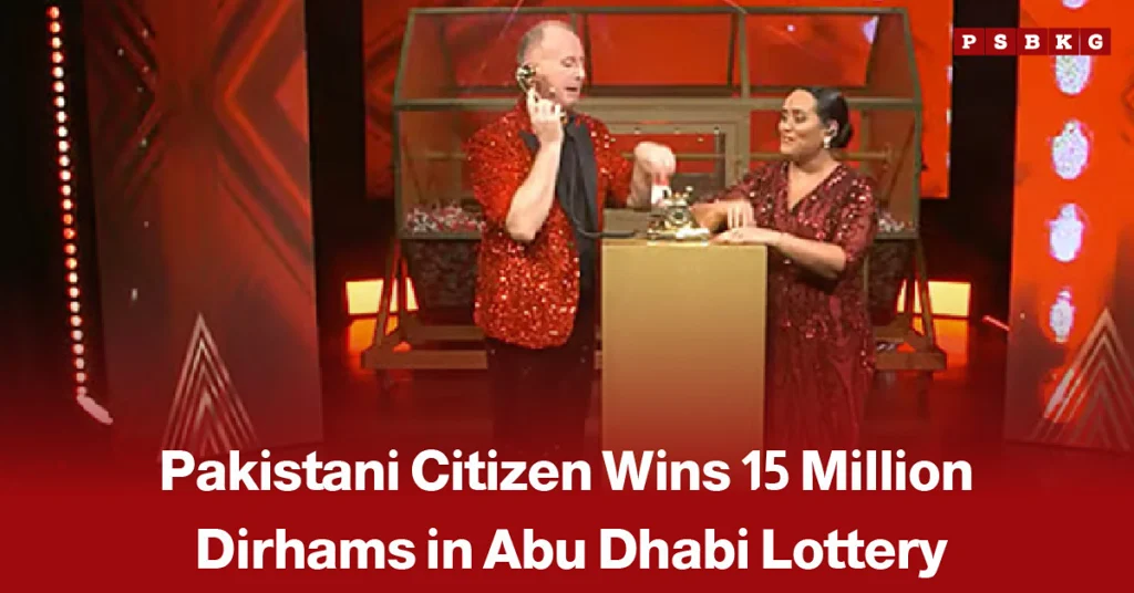 Pakistani national Shaukat Aftab celebrating after winning a Dh15 million Big Ticket jackpot in Abu Dhabi, accompanied by a news-style headline about his life-changing lottery win.
