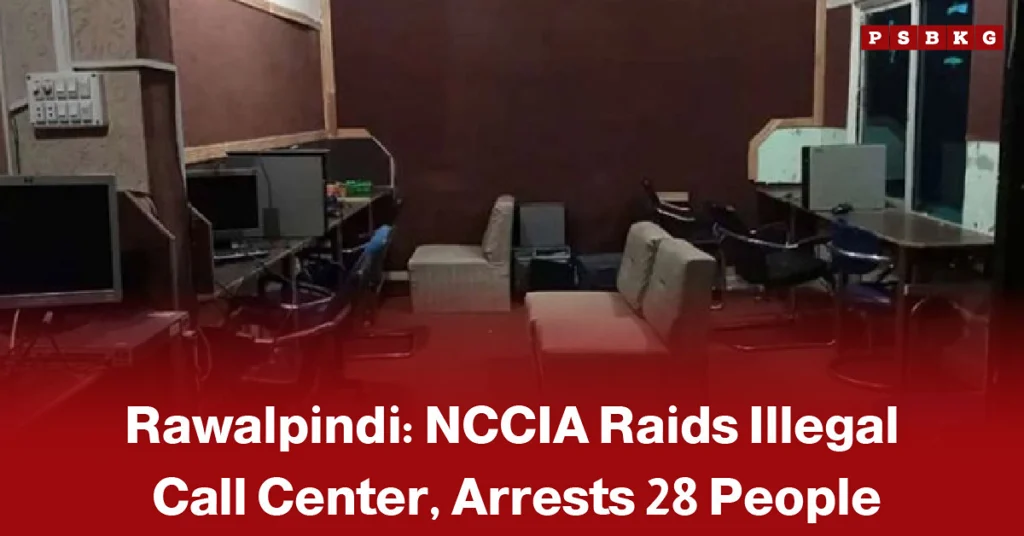 NCCIA officials conducting a raid at an illegal call center in Rawalpindi, with suspects and seized computers visible, accompanied by a news-style headline about 28 people being arrested in an online fraud crackdown.